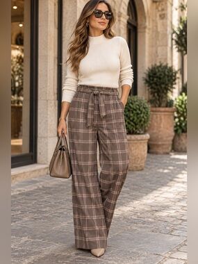 E66. Suede Plaid Wide-Leg Tie-Waist Pants in Brown